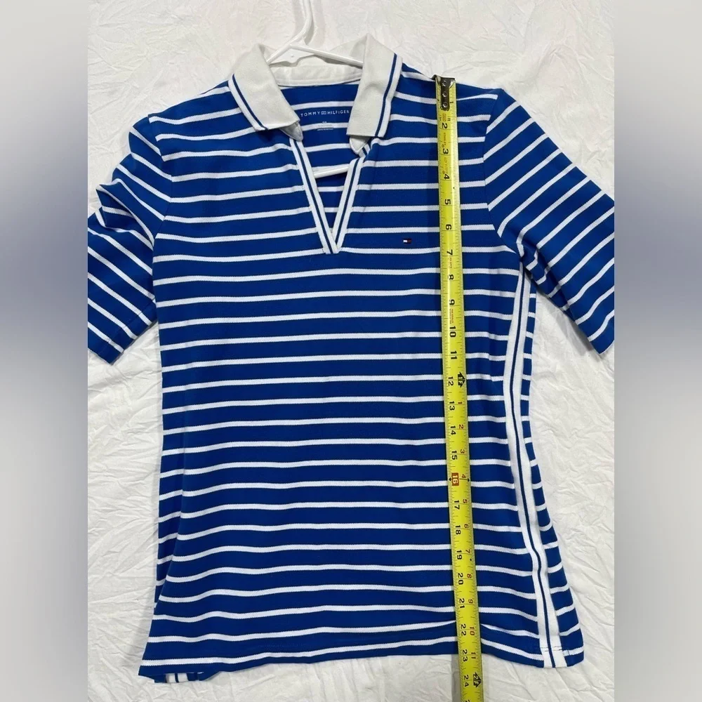 Tommy Hilfiger polo shirt open V-neck white and blue stripes women’s size S - Picture 14 of 17